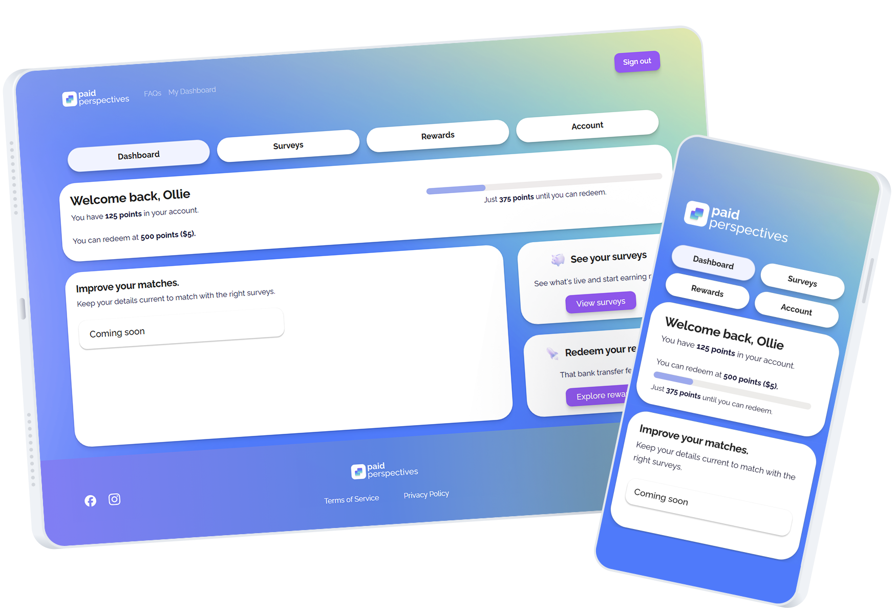 Dashboard interface preview showing survey rewards and account details